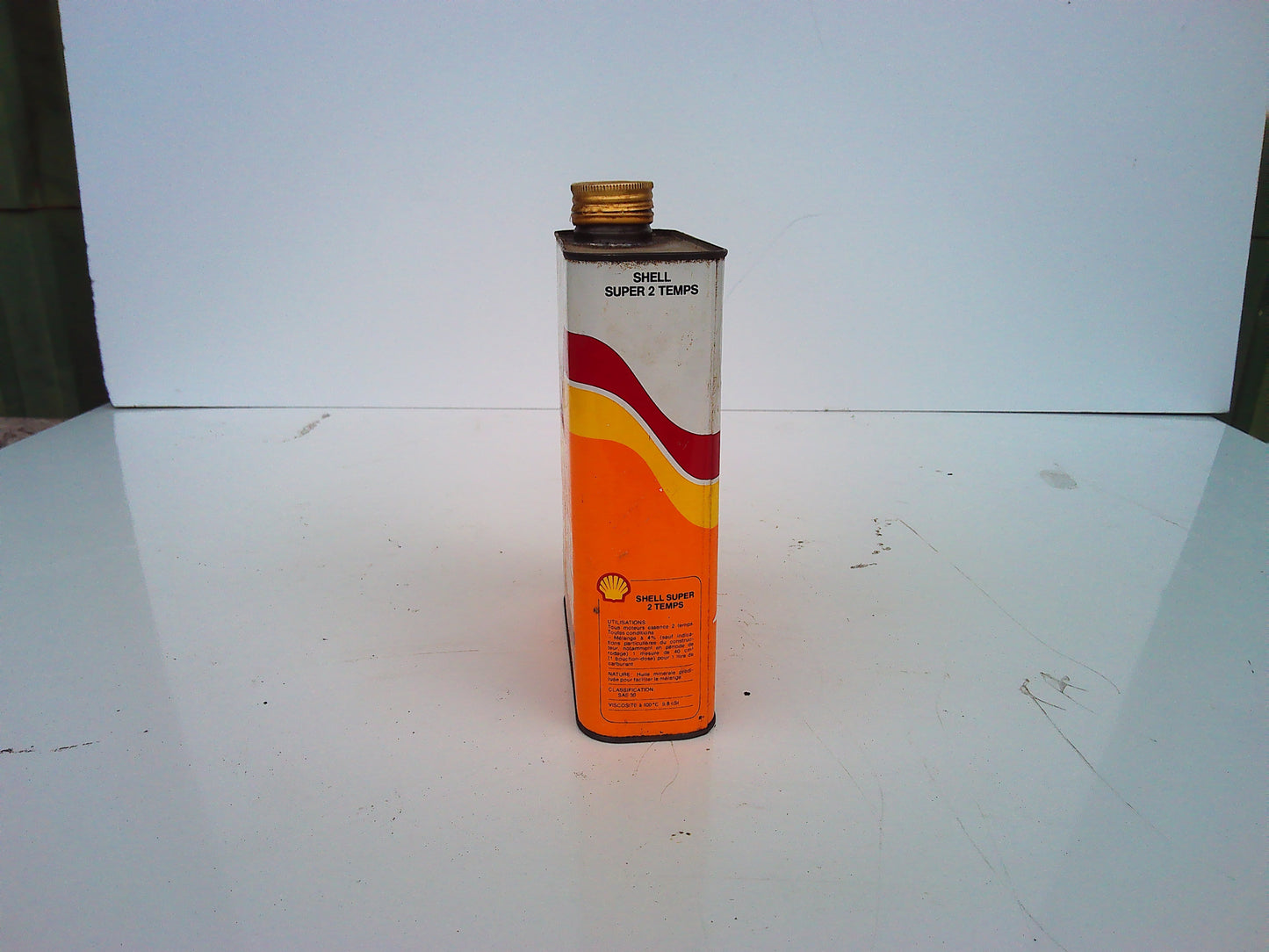 Shell Super 2 temps metal oil can