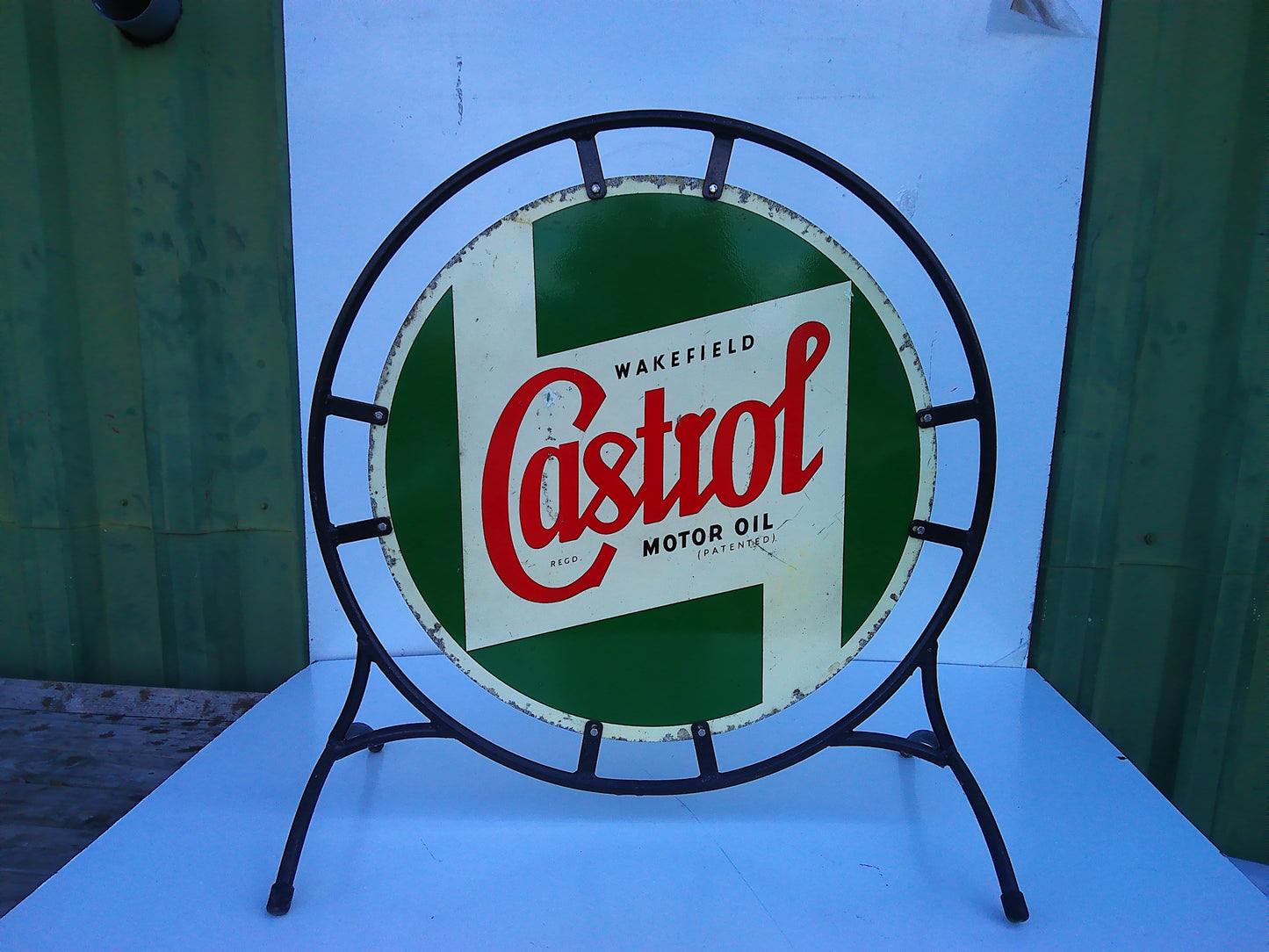 Vintage Castrol metal sign on stand