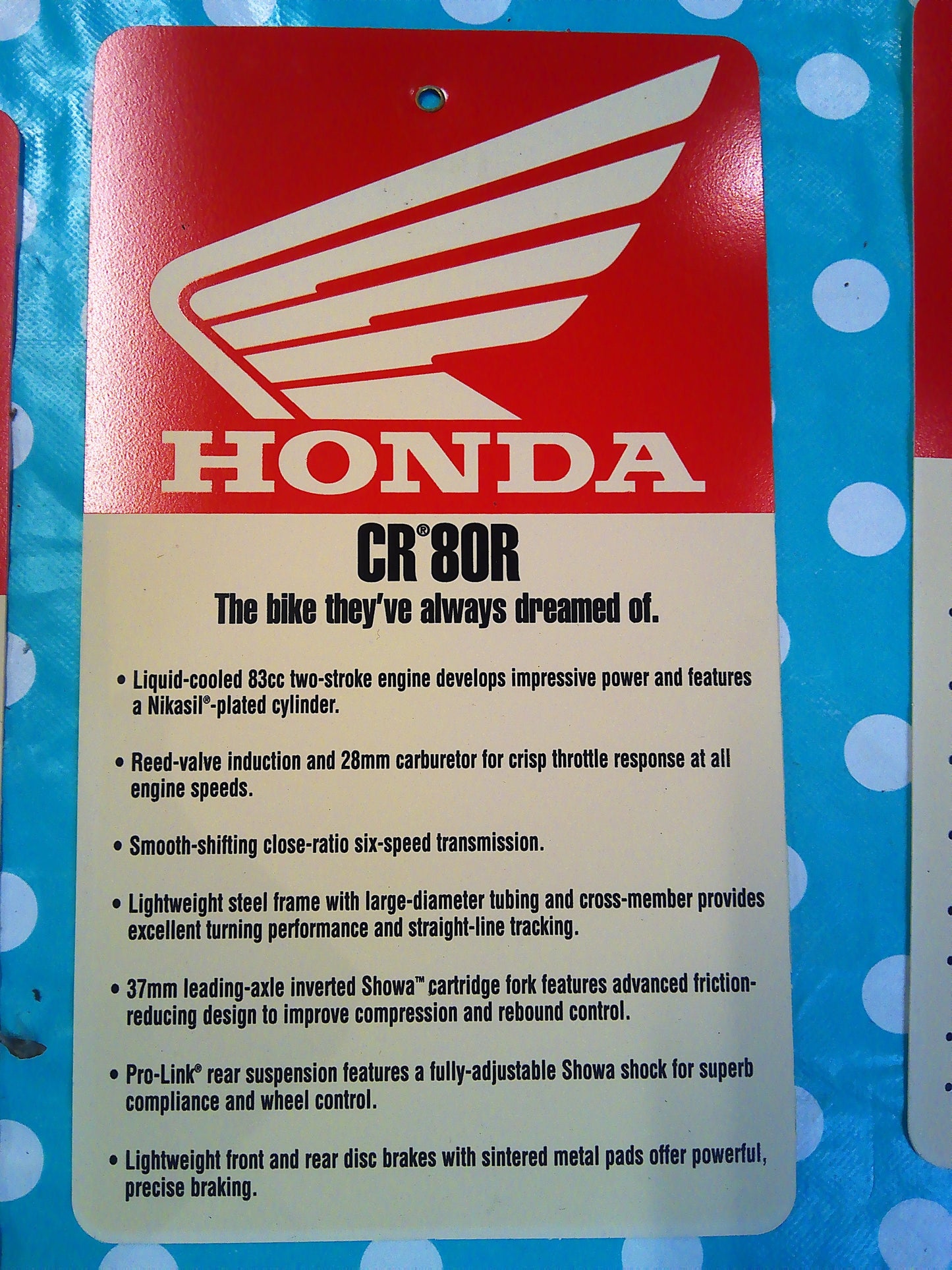 2000 Set of 6 Honda dealer model tags CR125 CR250 CR500