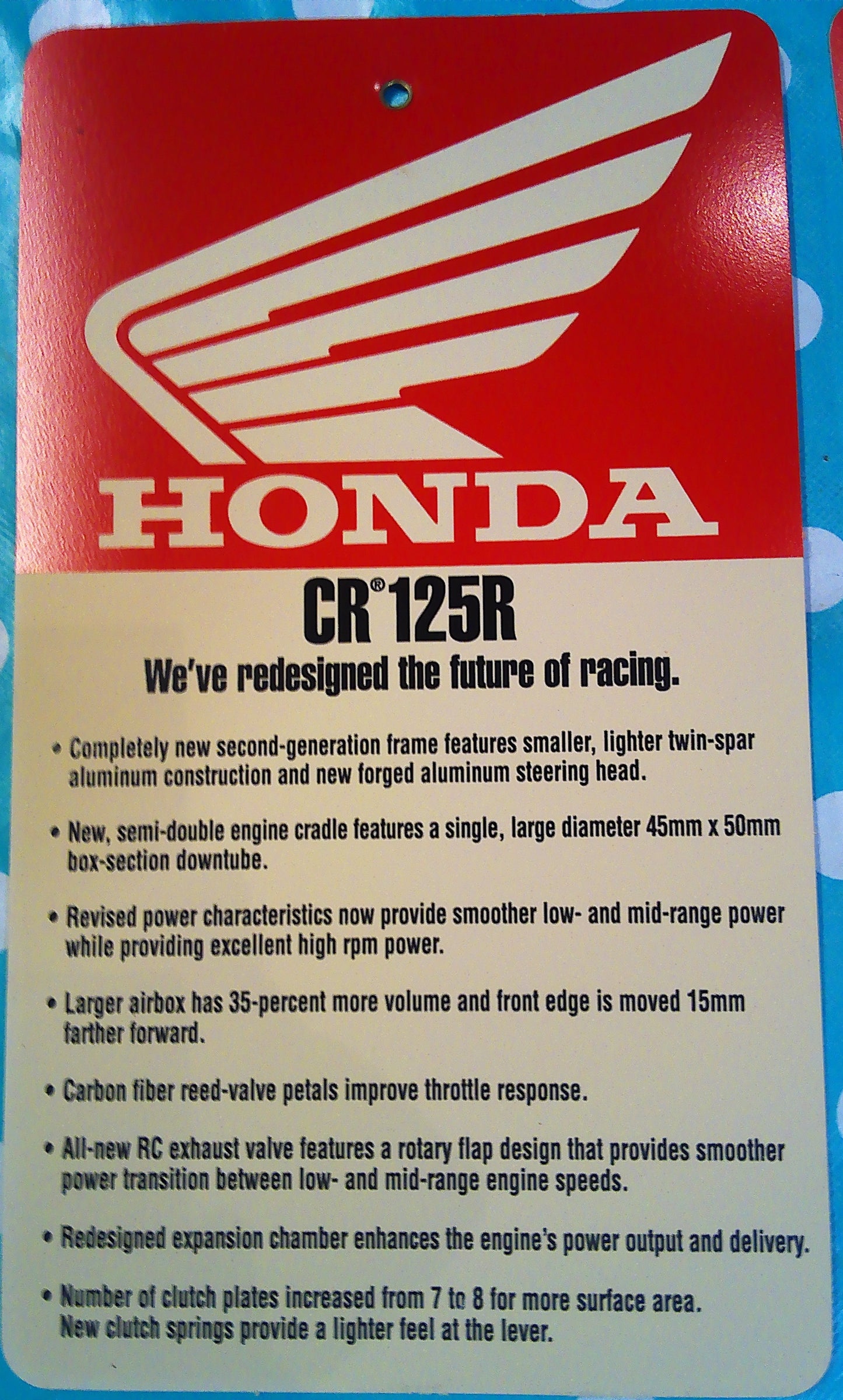 2000 Set of 6 Honda dealer model tags CR125 CR250 CR500