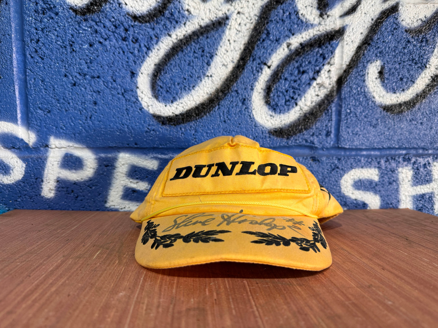 VINTAGE GENUINE YELLOW DUNLOP CAP SIGNED BY STEVE HISLOP
