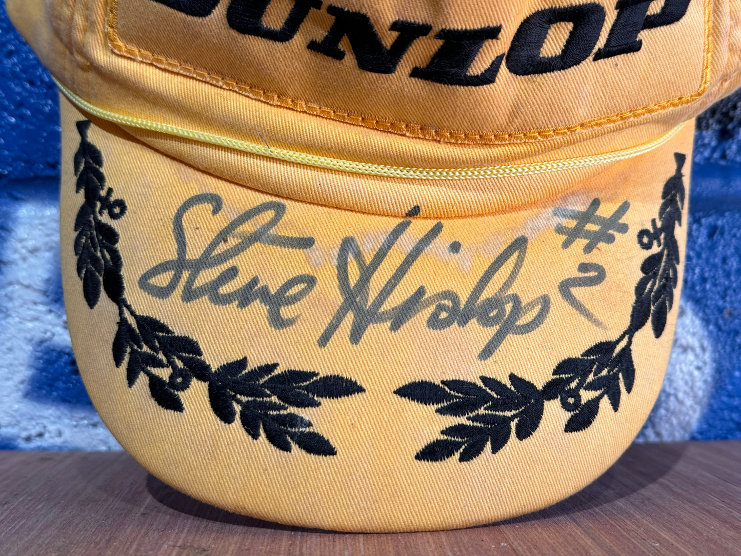 VINTAGE GENUINE YELLOW DUNLOP CAP SIGNED BY STEVE HISLOP