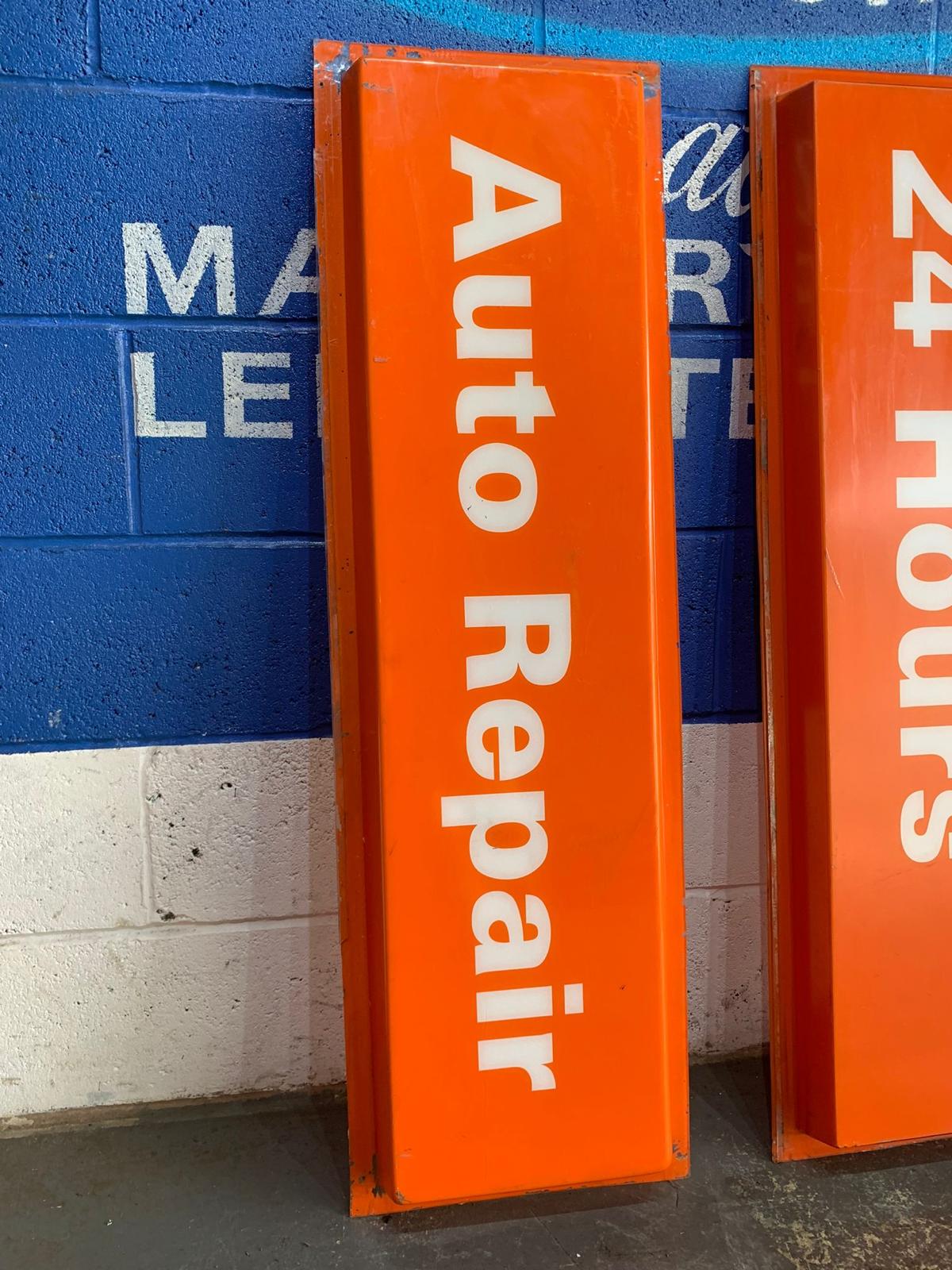76 GAS STATION 24 HOUR AUTO REPAIR SHOP ORANGE SIGN PAIR
