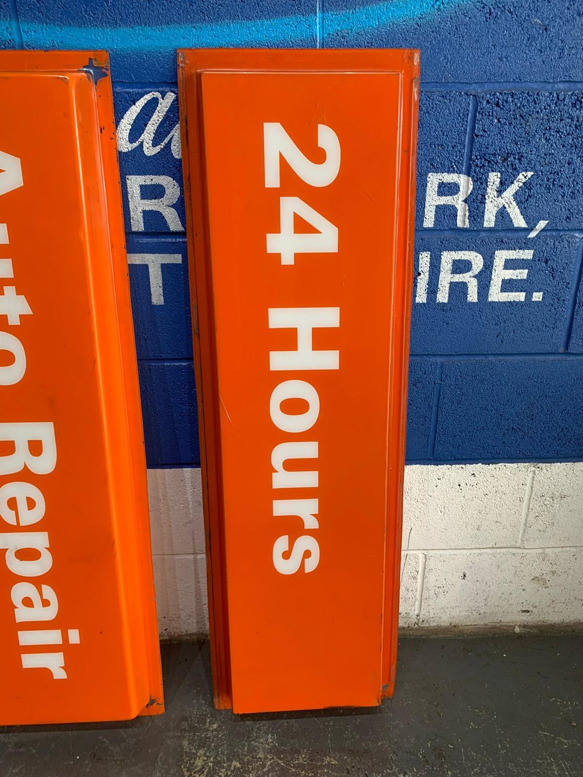 76 GAS STATION 24 HOUR AUTO REPAIR SHOP ORANGE SIGN PAIR