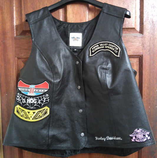 Harley Davidson Womens leather waistcoat with sewn badges 2W