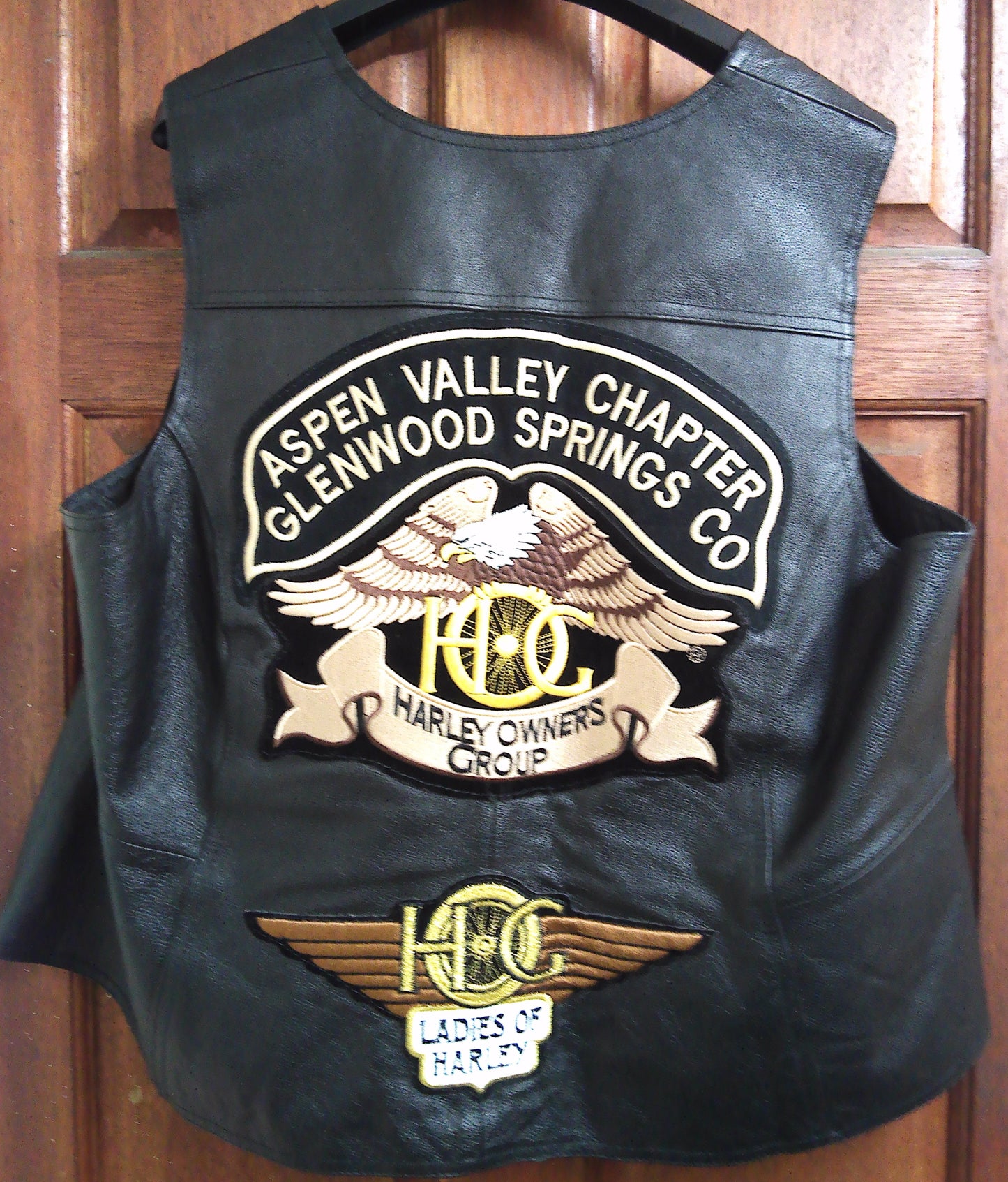 Harley Davidson Womens leather waistcoat with sewn badges 2W