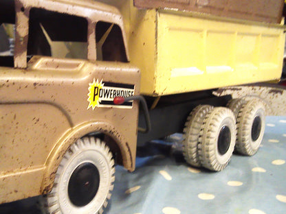Vintage 1950's Louis Marx & Co Powerhouse Pressed Steel Hydraulic Dump Truck gold/beige