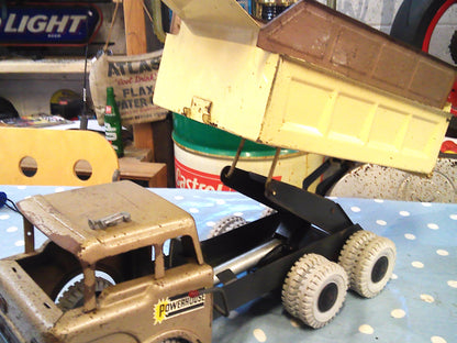 Vintage 1950's Louis Marx & Co Powerhouse Pressed Steel Hydraulic Dump Truck gold/beige