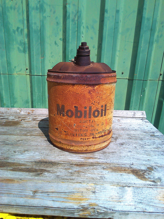 Large Mobiloil vintage metal oil can with spout