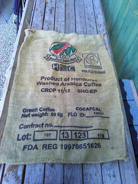 Authentic woven Beneficio Santa Rosa coffee sack