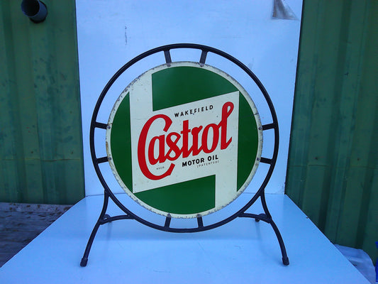 Vintage Castrol metal sign on stand