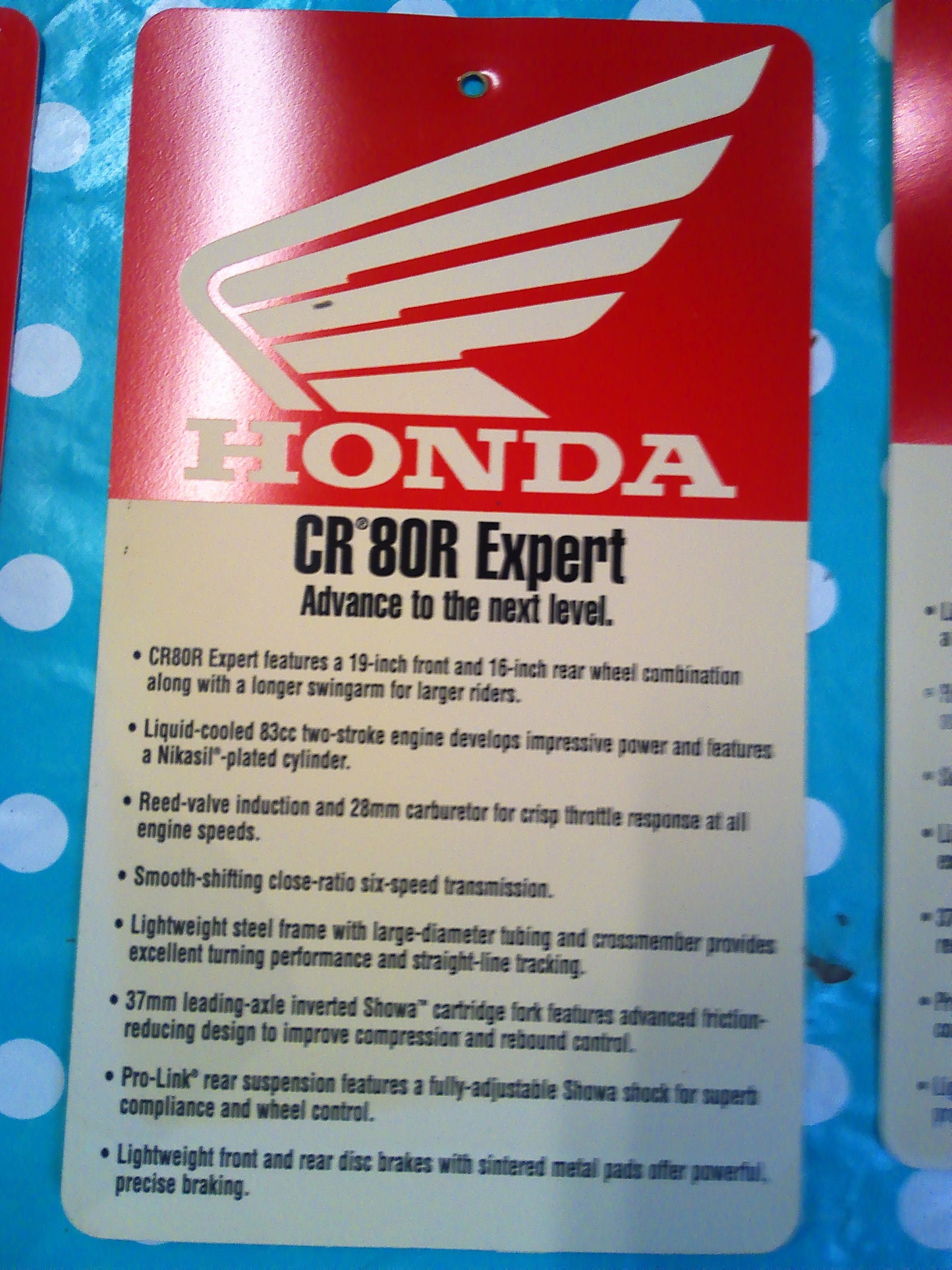 2000 Set of 6 Honda dealer model tags CR125 CR250 CR500