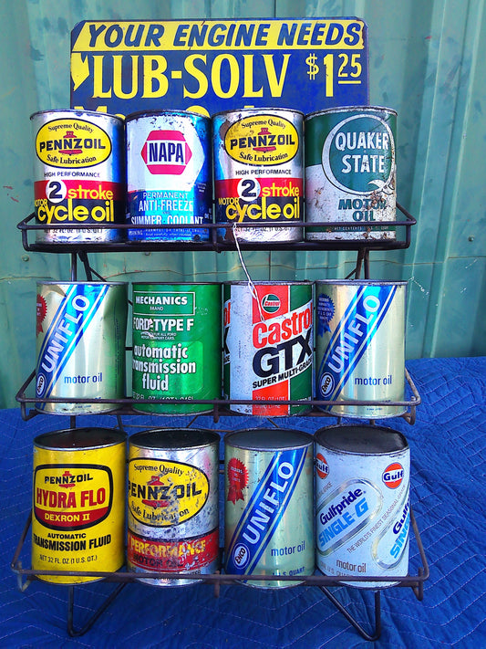 Lub-Solv rack with 12 assorted full/ empty 1 quart cans