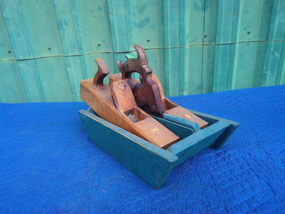 Set of 2 wood jack planes in a hand-made carrier