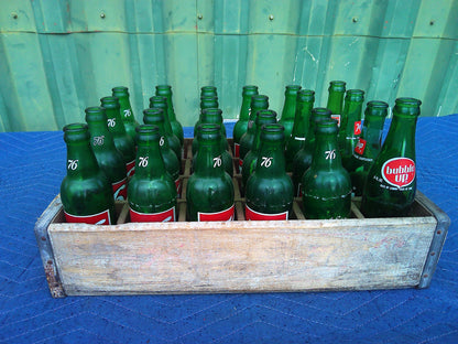 Set of 24 vintage glass 7-Up bottles in wooden crate