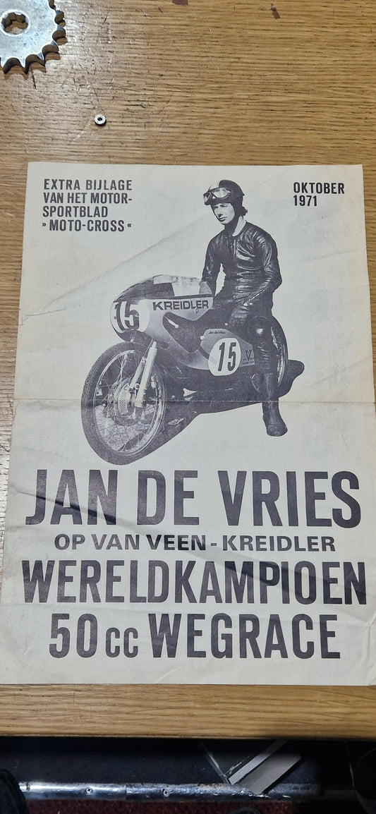 NOS 1971 VINTAGE DUTCH MOTO-CROSS MAGAZINE JAN DE VRIES 50CC GP WIN POSTER
